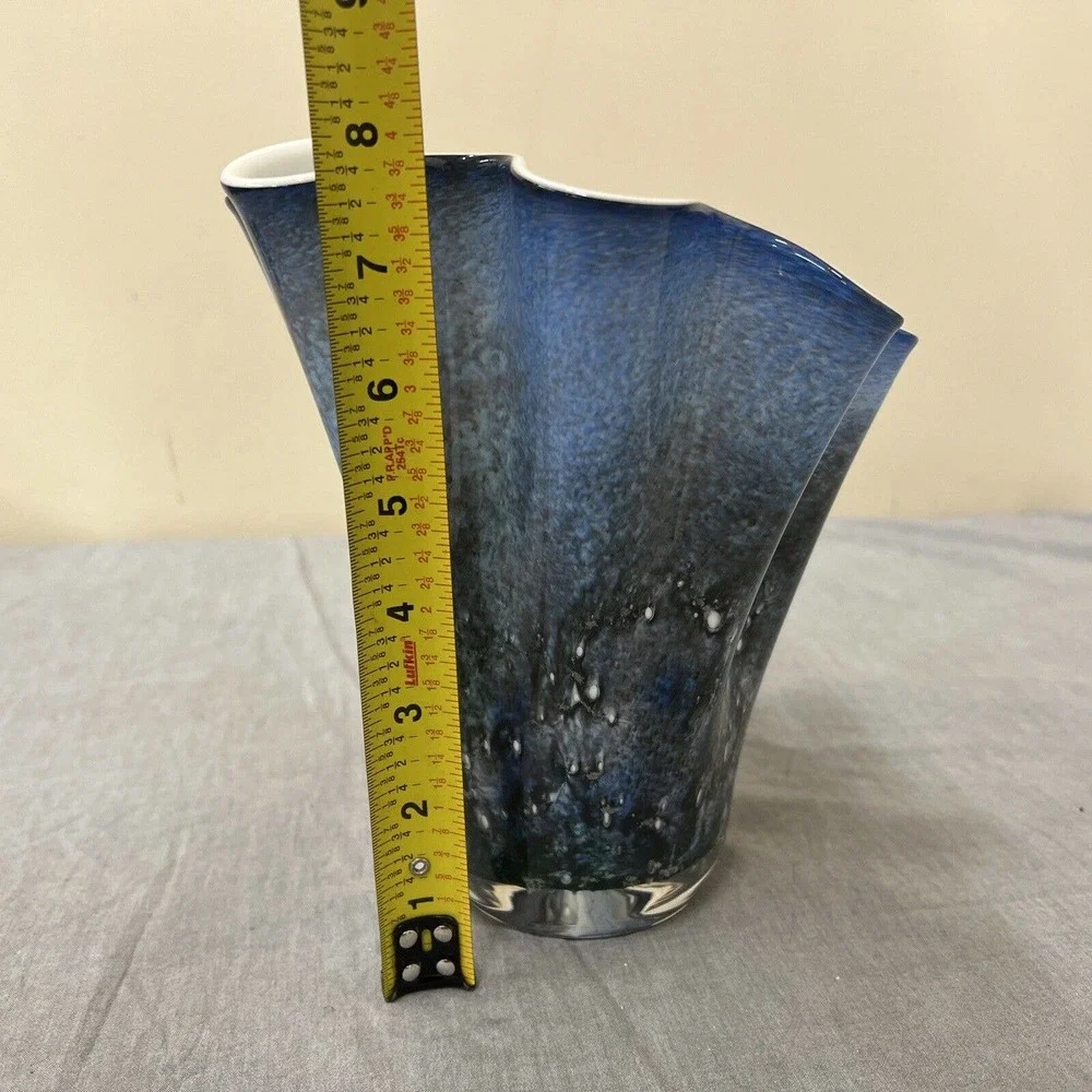 Alicja Handkerchief Blue Art Glass Vase Hand Made In Poland 8”T 7”W FS Charity